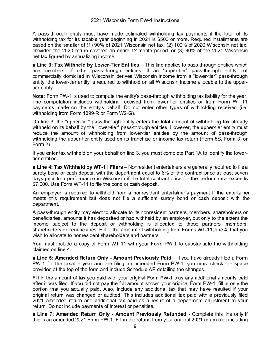 Instructions for Form PW-1, IC-004 Wisconsin Nonresident Income or Franchise Tax Withholding on Pass-Through Entity Income - Wisconsin, Page 9