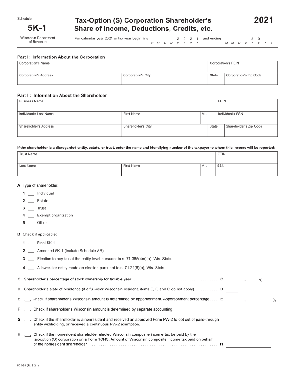 Form IC-056 Schedule 5K-1 - 2021 - Fill Out, Sign Online and Download ...