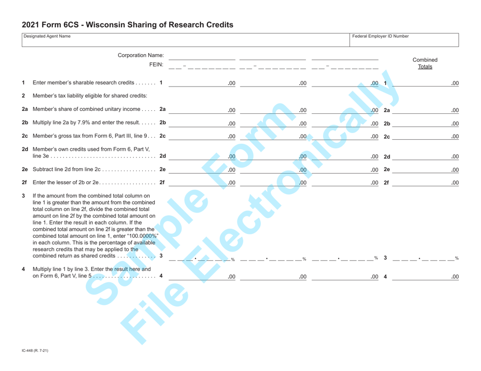 Form 6CS (IC-448) Wisconsin Sharing of Research Credits - Sample - Wisconsin, Page 1