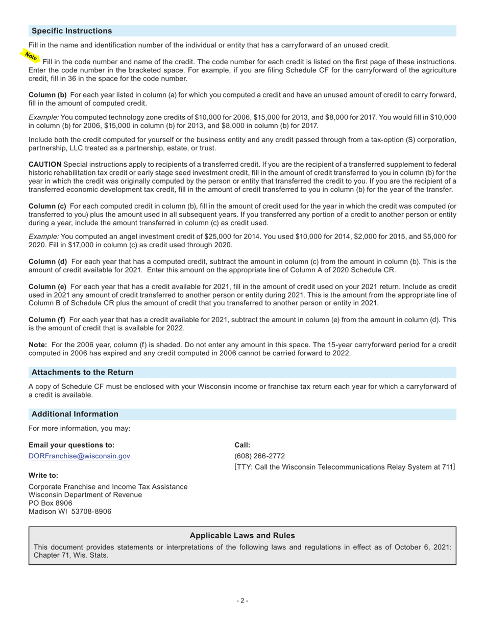 Instructions for Form I-147 Schedule CF Carryforward of Unused Credits - Wisconsin, Page 2