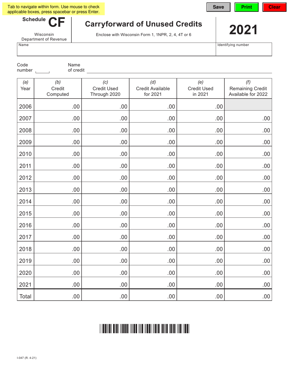 Form I-047 Schedule CF Carryforward of Unused Credits - Wisconsin, Page 1