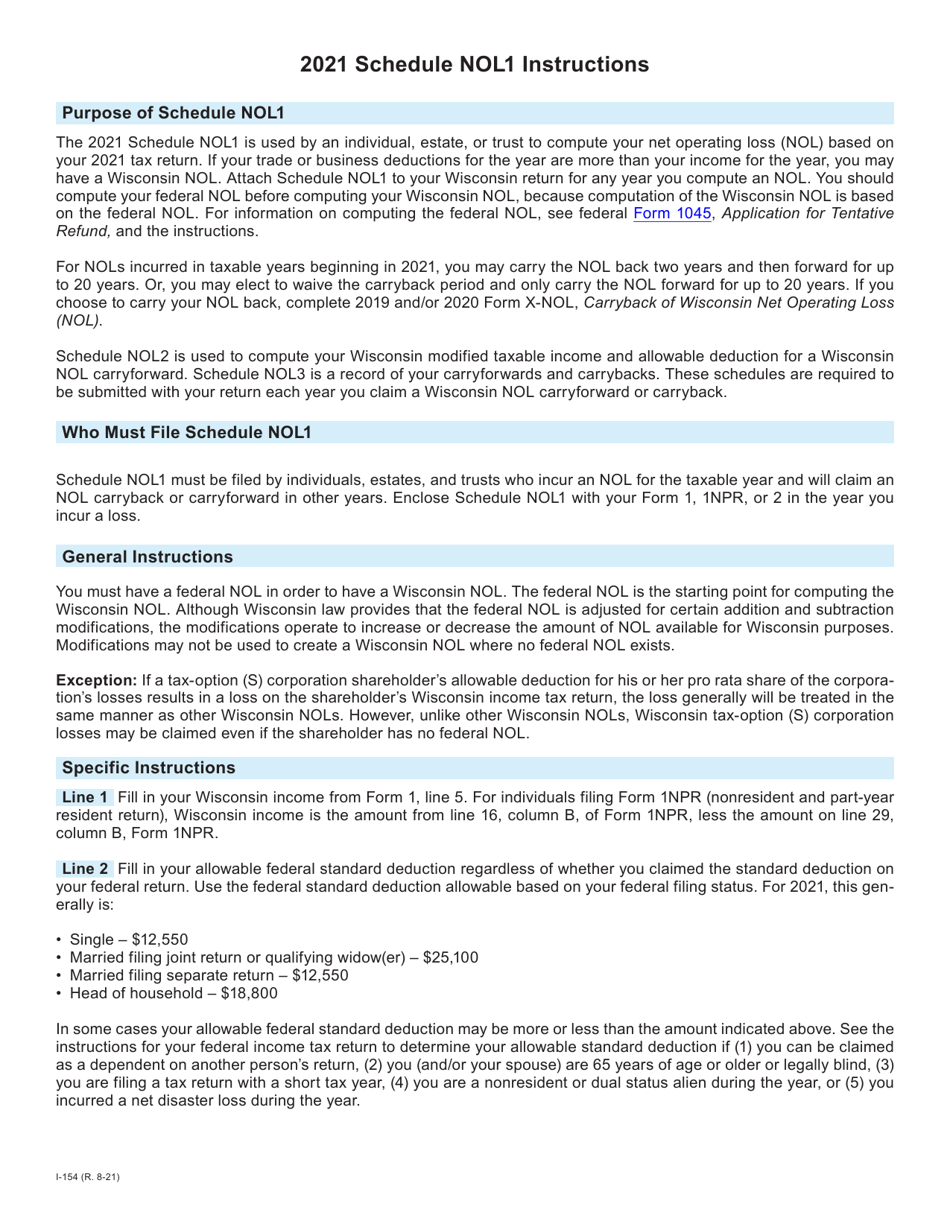Download Instructions for Form I-054 Schedule NOL1 Wisconsin Net ...