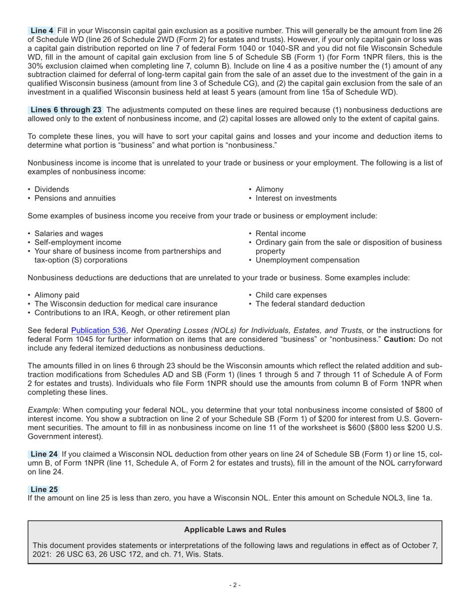 Download Instructions for Form I054 Schedule NOL1 Wisconsin Net