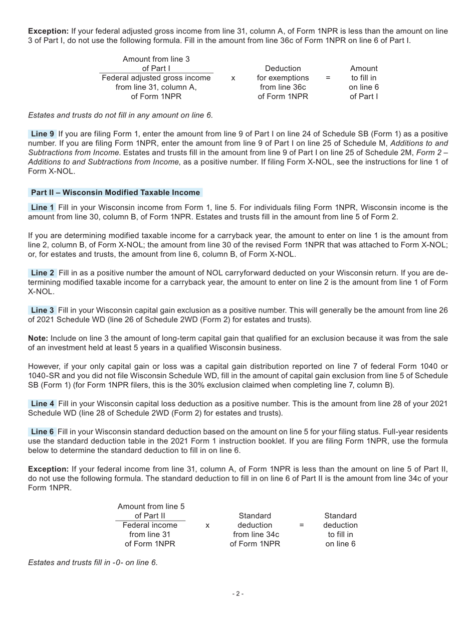 Instructions for Form I-055 Schedule NOL2 Net Operating Loss Deduction and Wisconsin Modified Taxable Income - Wisconsin, Page 2