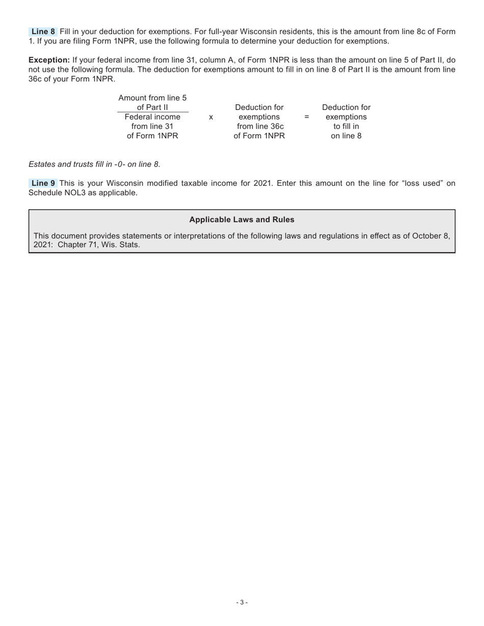Instructions for Form I-055 Schedule NOL2 Net Operating Loss Deduction and Wisconsin Modified Taxable Income - Wisconsin, Page 3