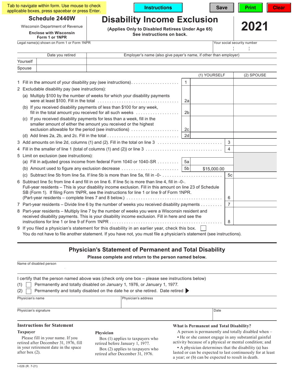 Form I-026 Schedule 2440W Disability Income Exclusion - Wisconsin, Page 1