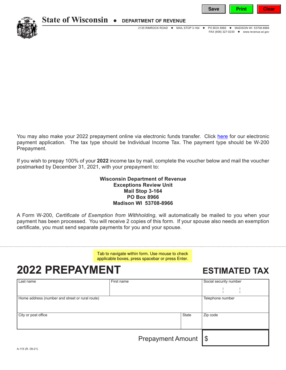 Form A-115 Prepayment Voucher - Wisconsin, Page 1