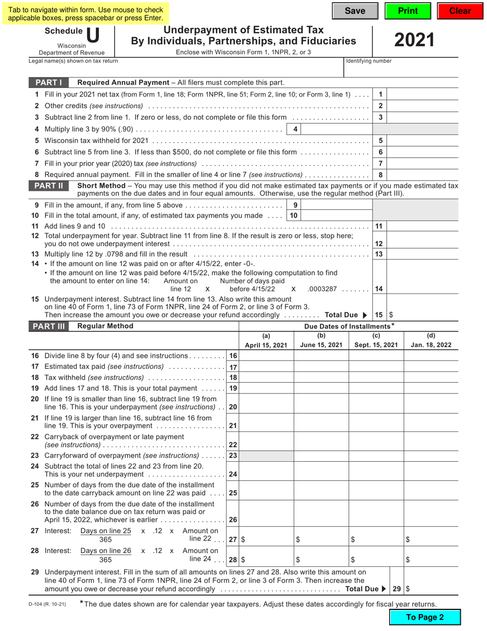 Form D-104 Schedule U Underpayment of Estimated Tax by Individuals, Partnerships, and Fiduciaries - Wisconsin, Page 1