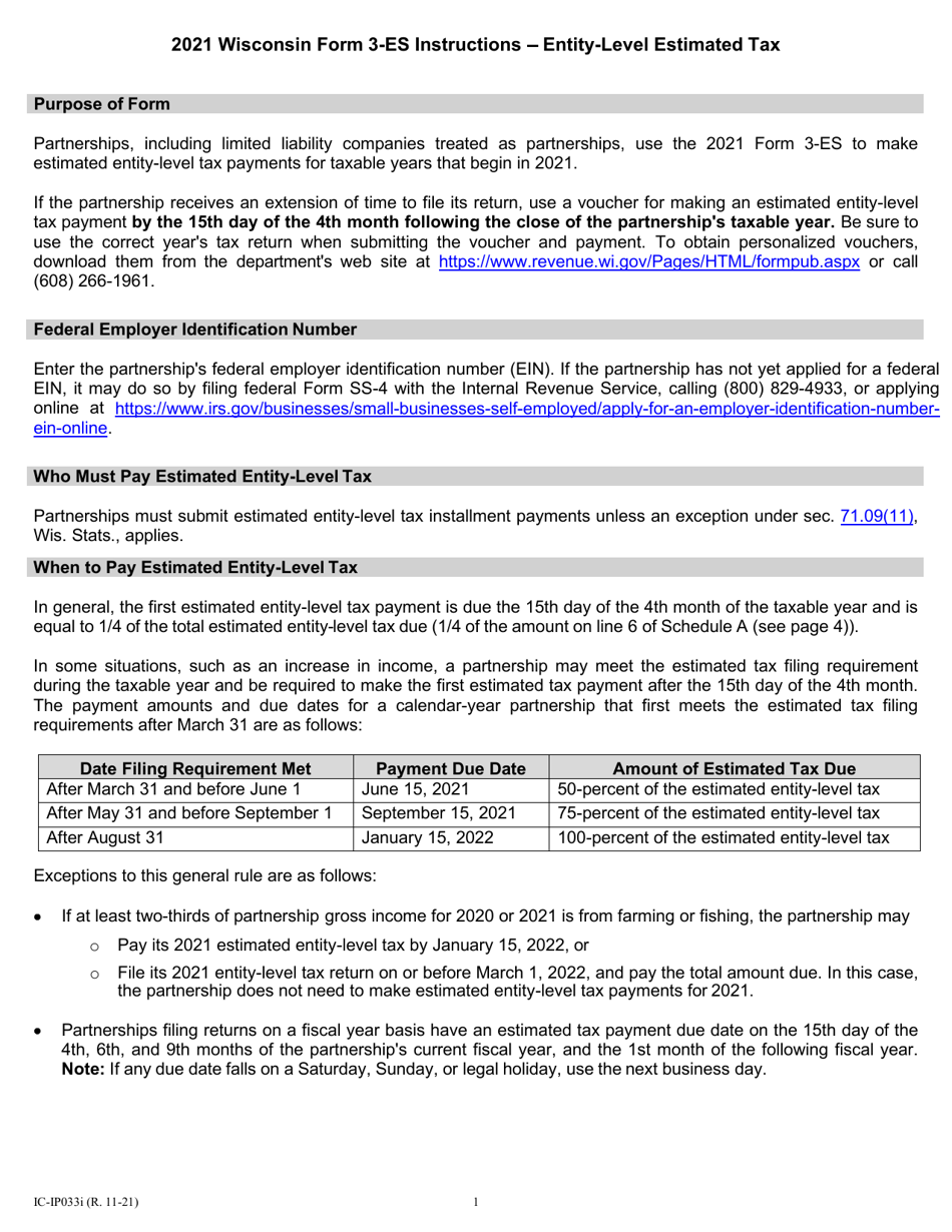 Instructions for Form 3-ES Wisconsin Partnership Estimated Tax - Wisconsin, Page 1