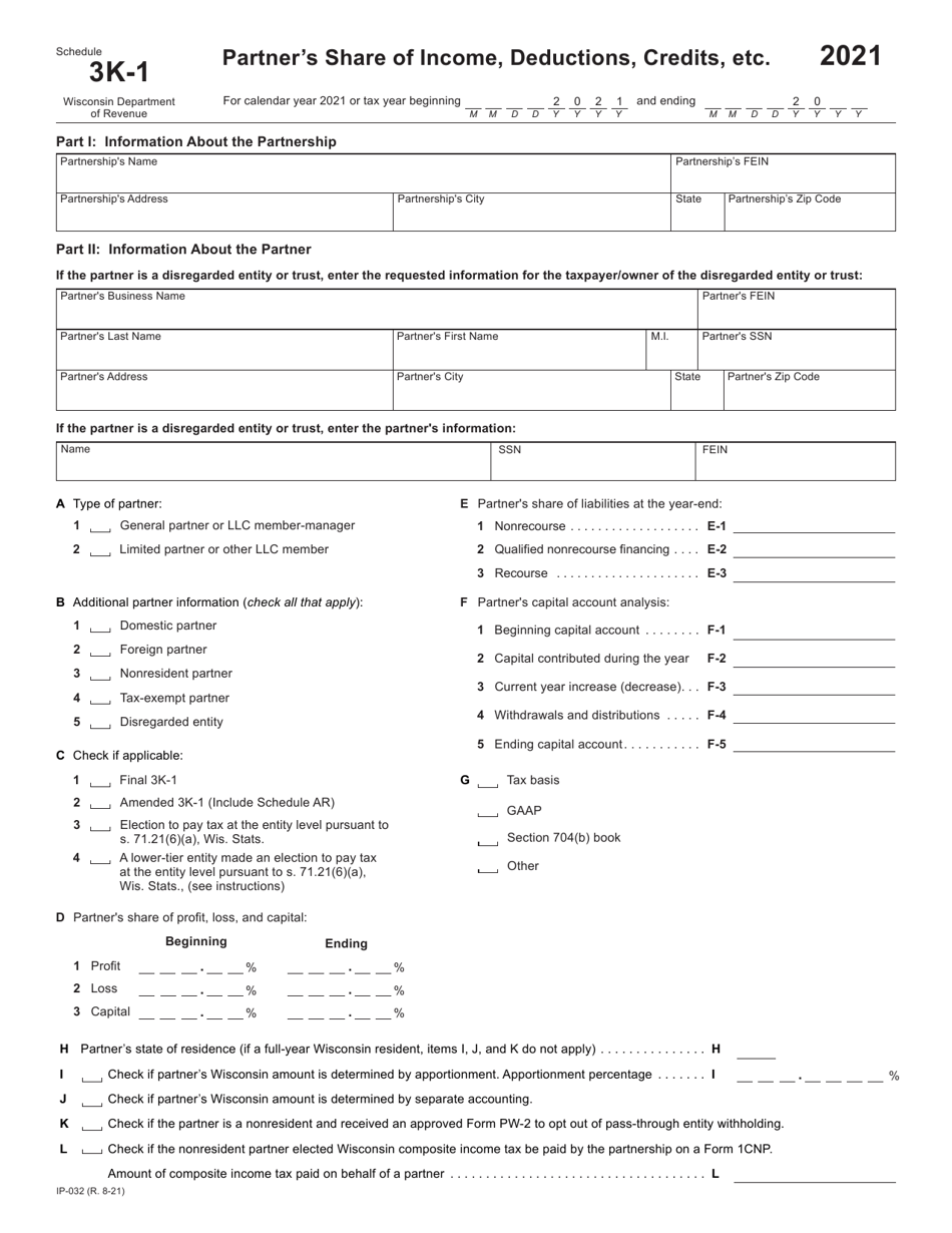 Form IP-032 Schedule 3K-1 Partners Share of Income, Deductions, Credits, Etc. - Wisconsin, Page 1