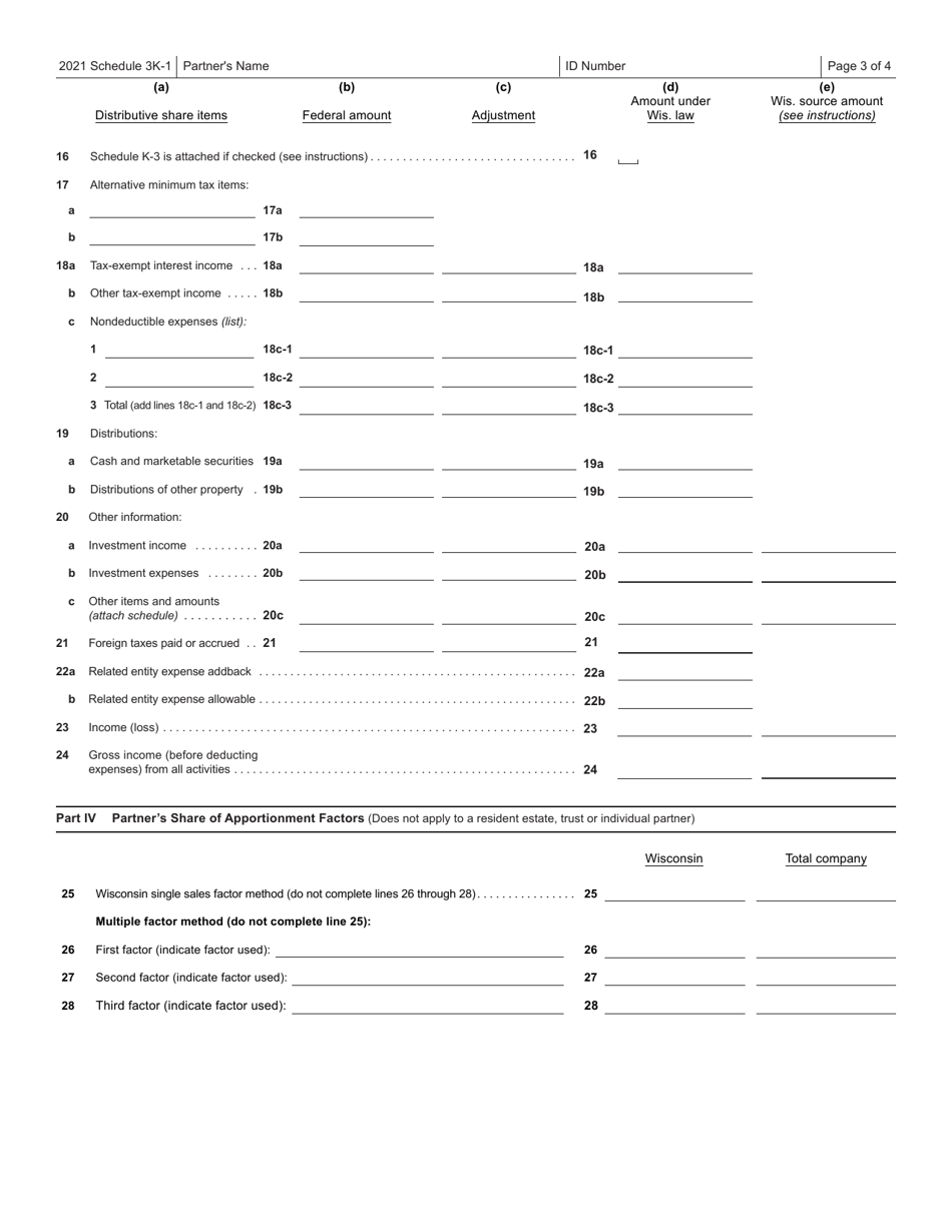 Form IP-032 Schedule 3K-1 Partners Share of Income, Deductions, Credits, Etc. - Wisconsin, Page 3