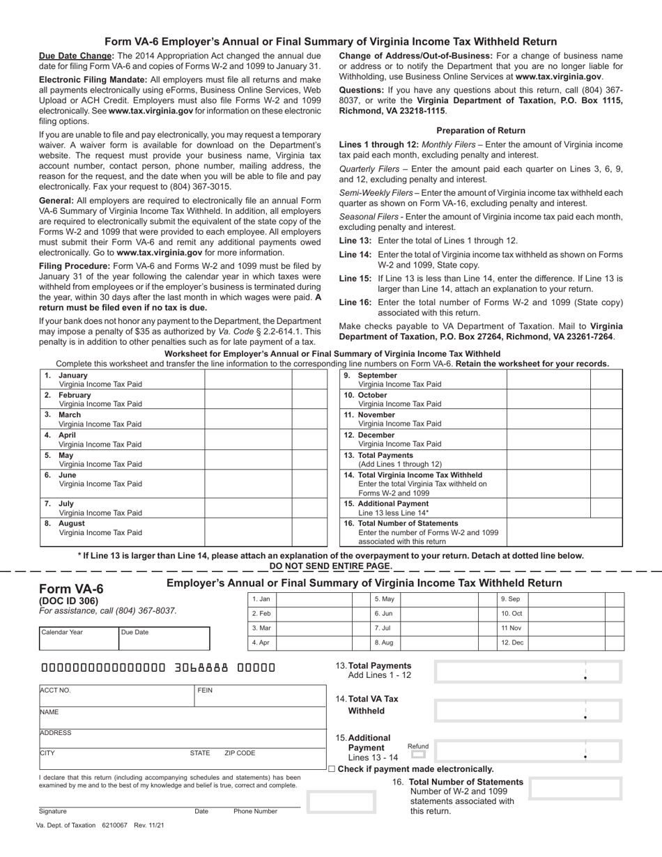 Form VA-6 Employers Annual or Final Summary of Virginia Income Tax Withheld Return - Virginia, Page 1