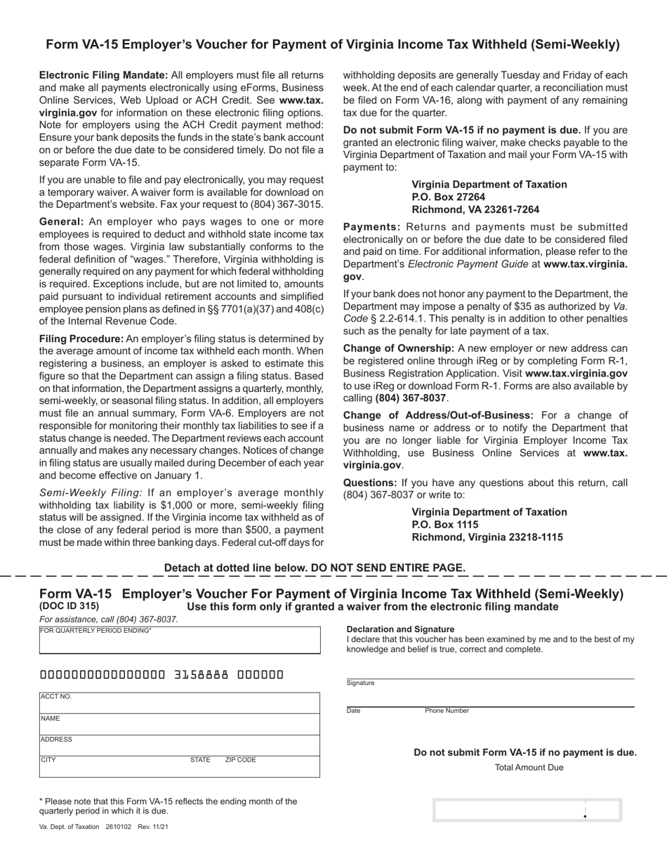 Form VA-15 Employer's Voucher for Payment of Virginia Income Tax Withheld (Semi-weekly) - Virginia, Page 1