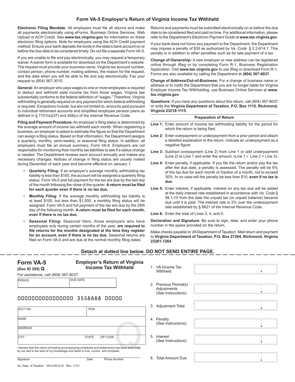 Form VA-5 Quarterly Employer Return of Virginia Income Tax Withheld - Virginia, Page 1