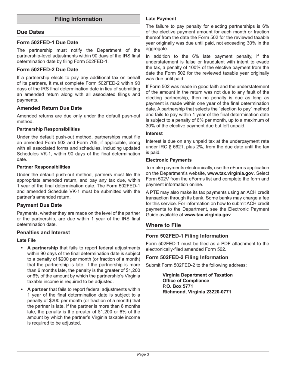 Instructions for Form 502FED-1, 502FED-2 - Virginia, Page 3
