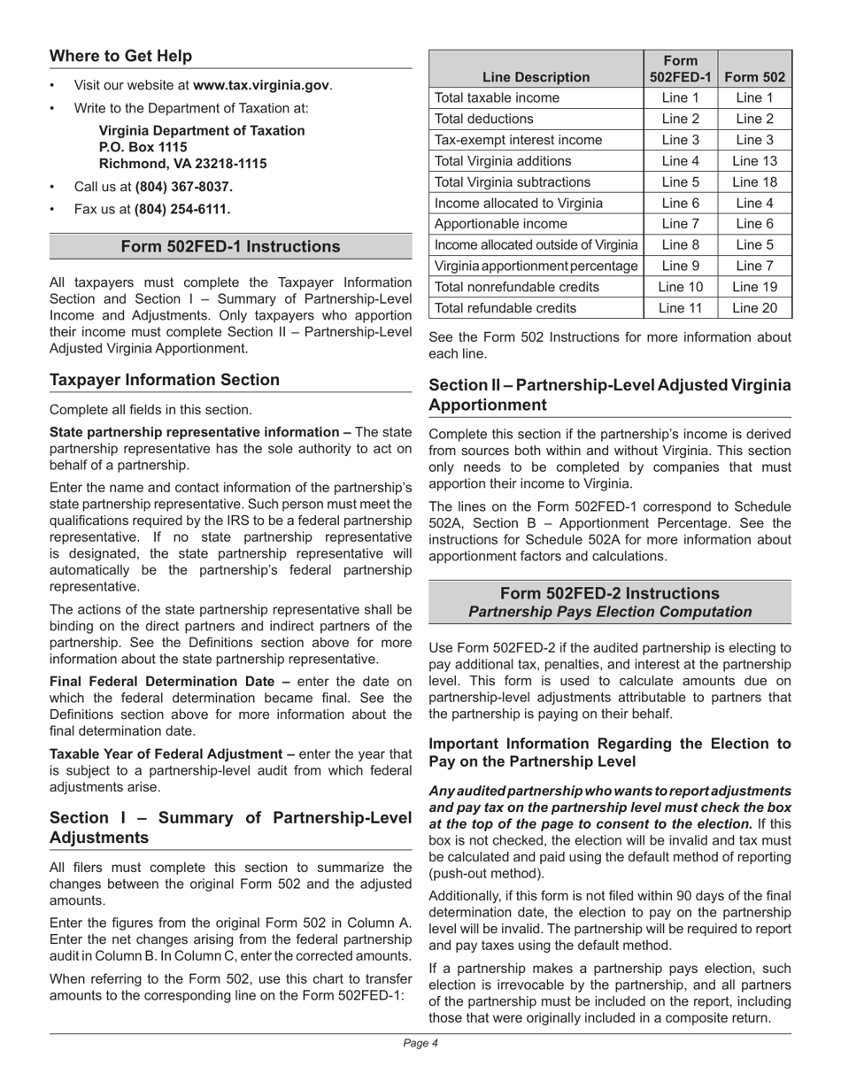 Instructions for Form 502FED-1, 502FED-2 - Virginia, Page 4