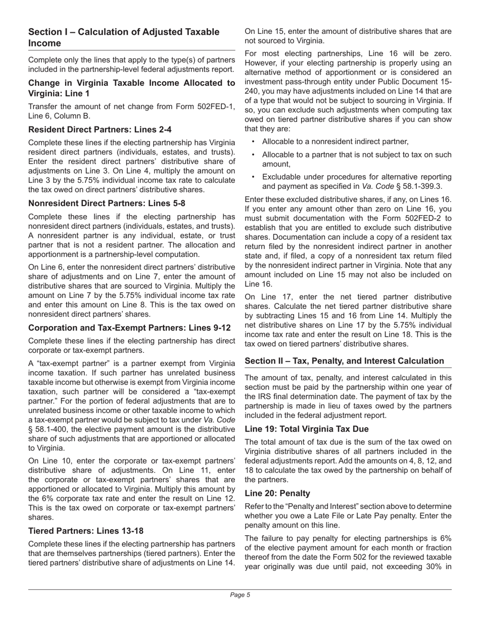 Instructions for Form 502FED-1, 502FED-2 - Virginia, Page 5