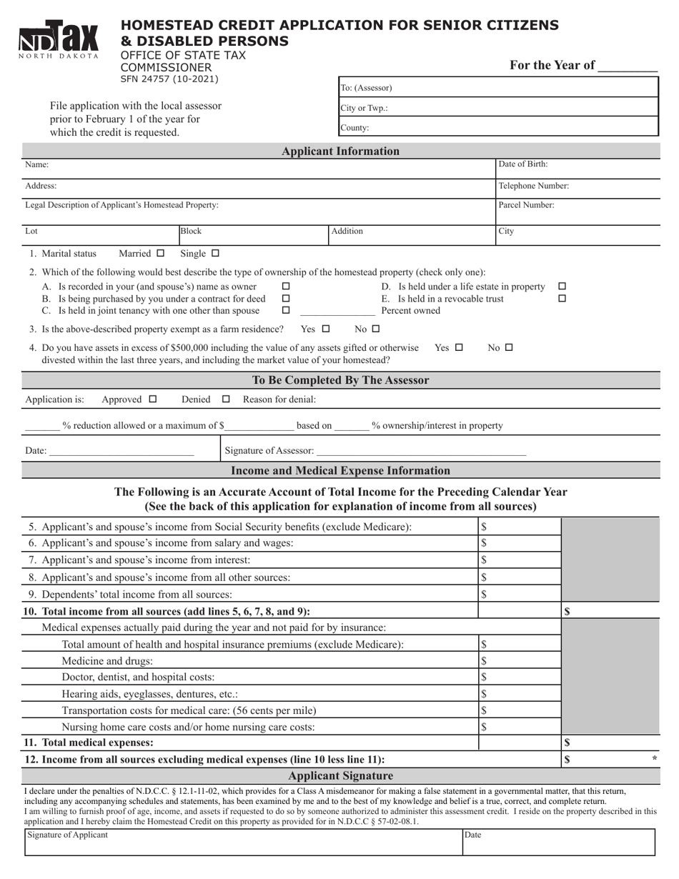 Form SFN24757 Download Fillable PDF or Fill Online Homestead Credit