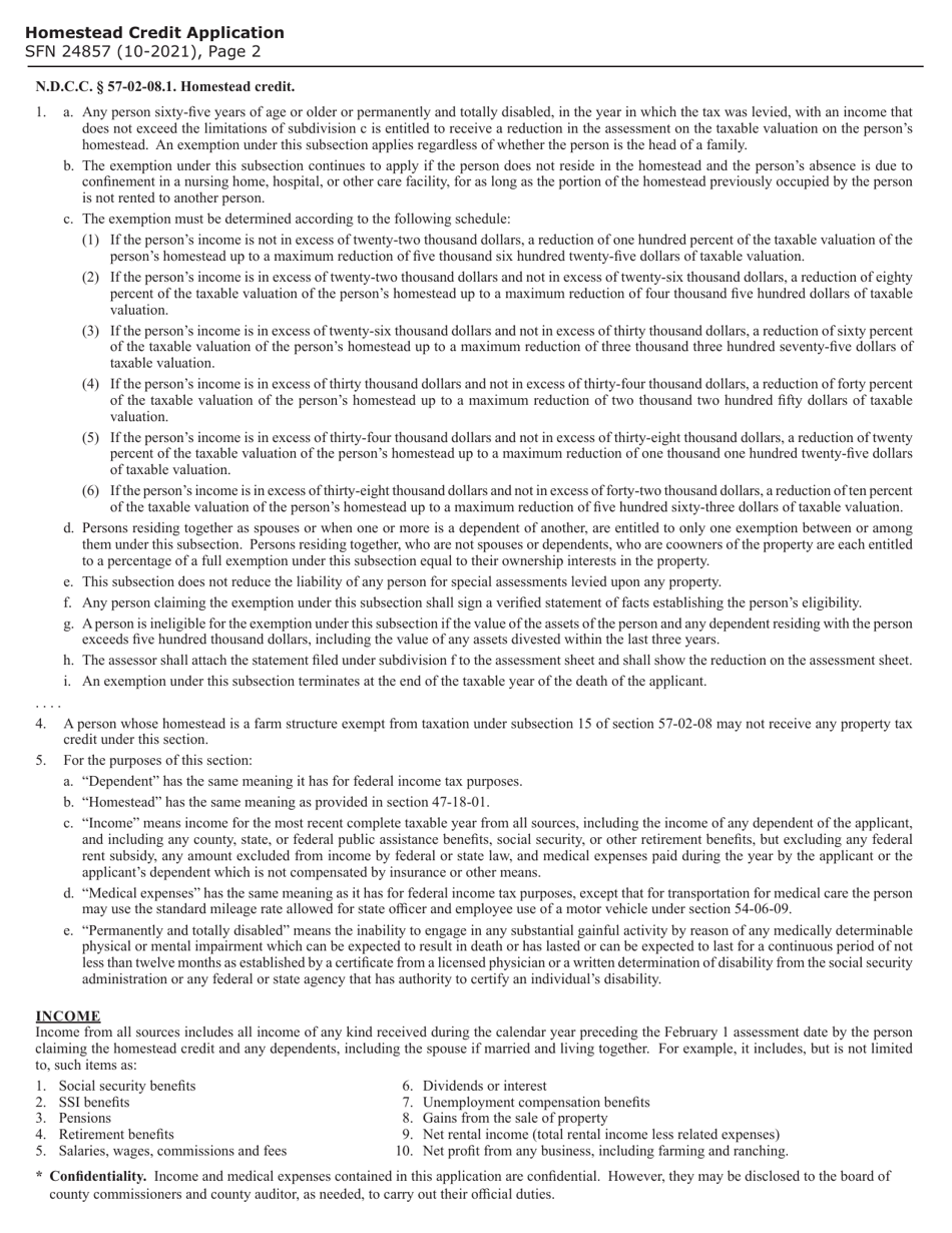 Form SFN24757 Homestead Credit Application for Senior Citizens  Disabled Persons - North Dakota, Page 2