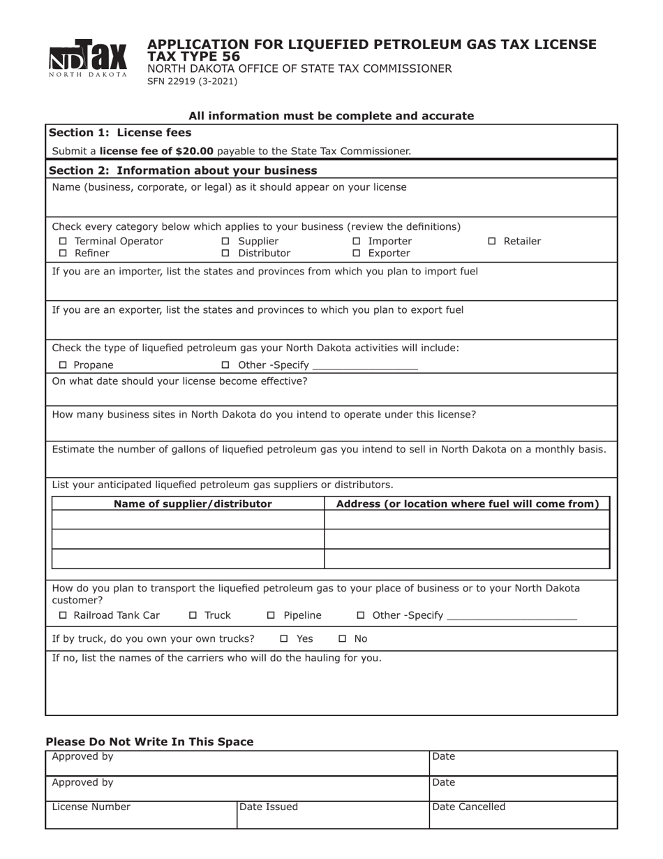 Form SFN22919 Application for Liquefied Petroleum Gas Tax License Tax Type 56 - North Dakota, Page 1