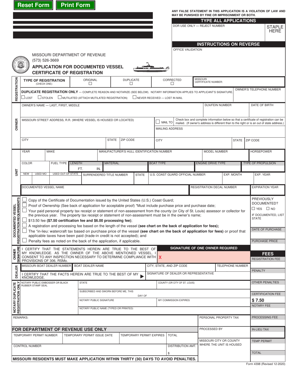 Form 4398 Application for Documented Vessel Certificate of Registration - Missouri, Page 1
