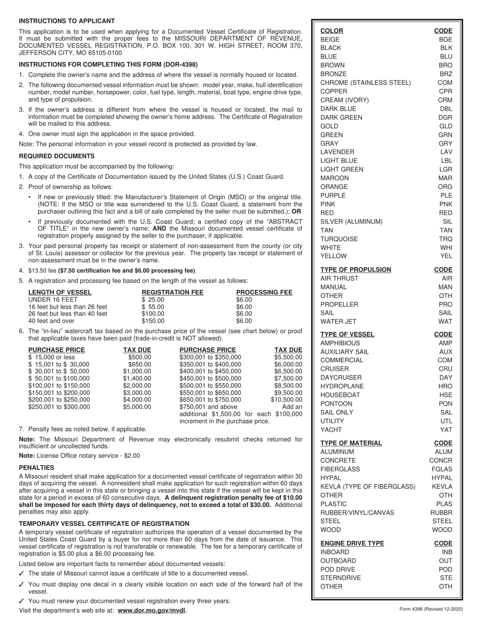 Form 4398 Application for Documented Vessel Certificate of Registration - Missouri, Page 2