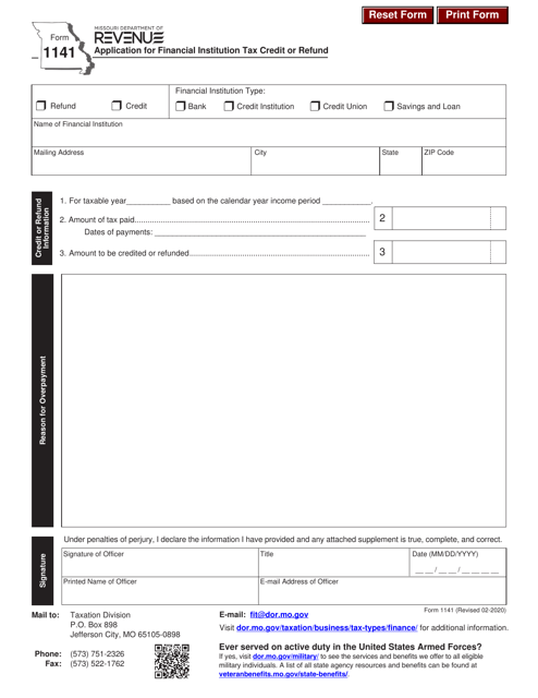 Form 1141 Application for Financial Institution Tax Credit or Refund - Missouri