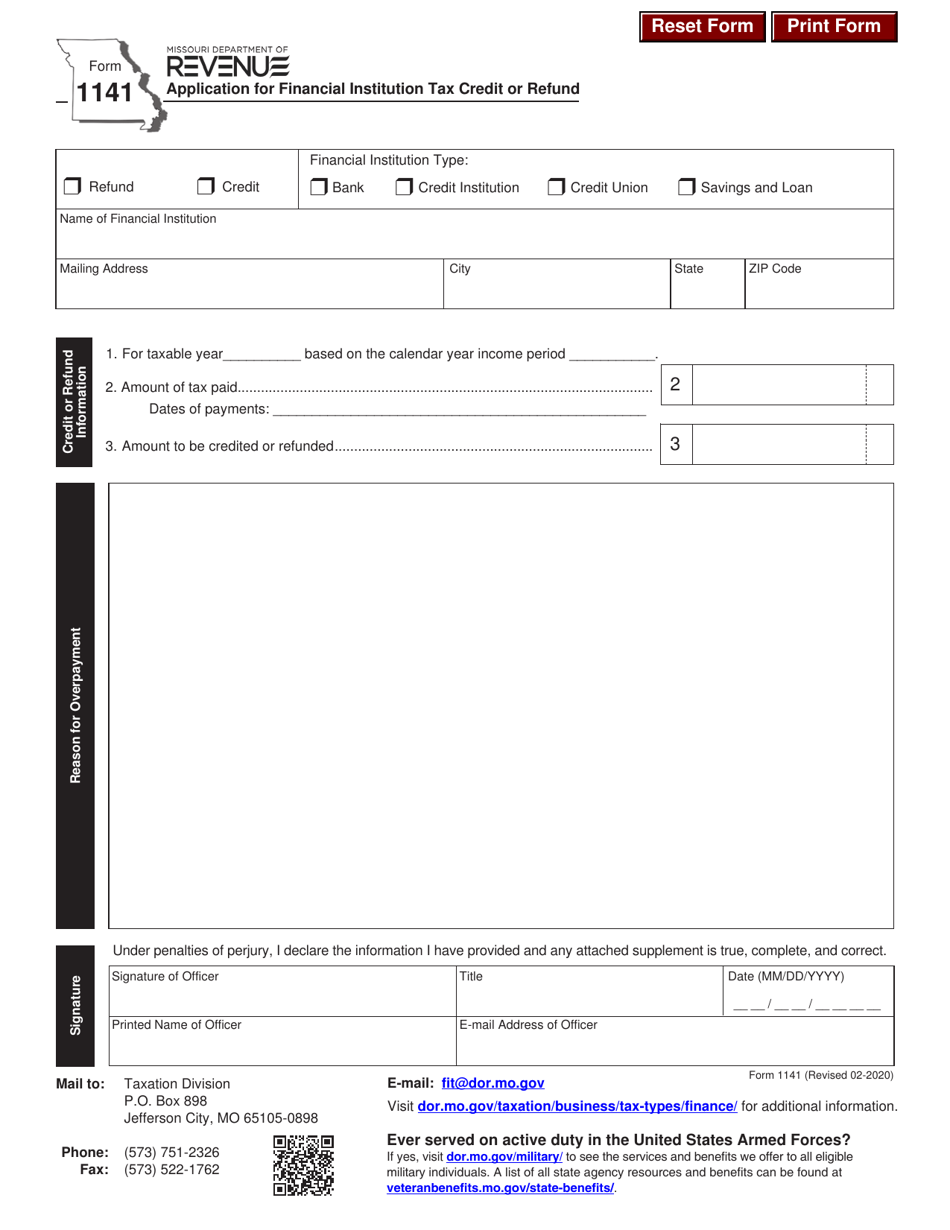 Form 1141 Application for Financial Institution Tax Credit or Refund - Missouri, Page 1