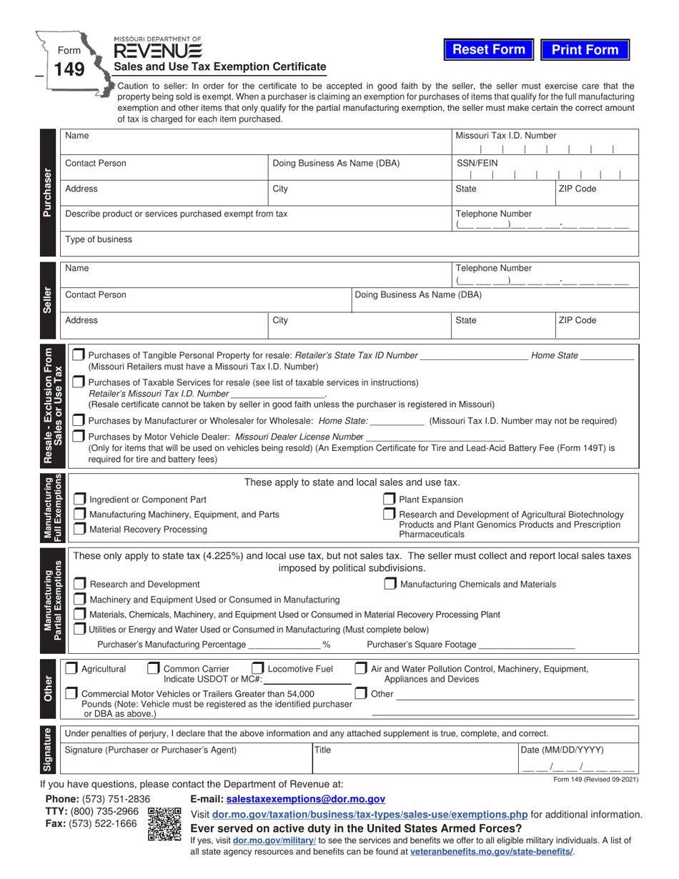 Form 149 Sales and Use Tax Exemption Certificate - Missouri, Page 1