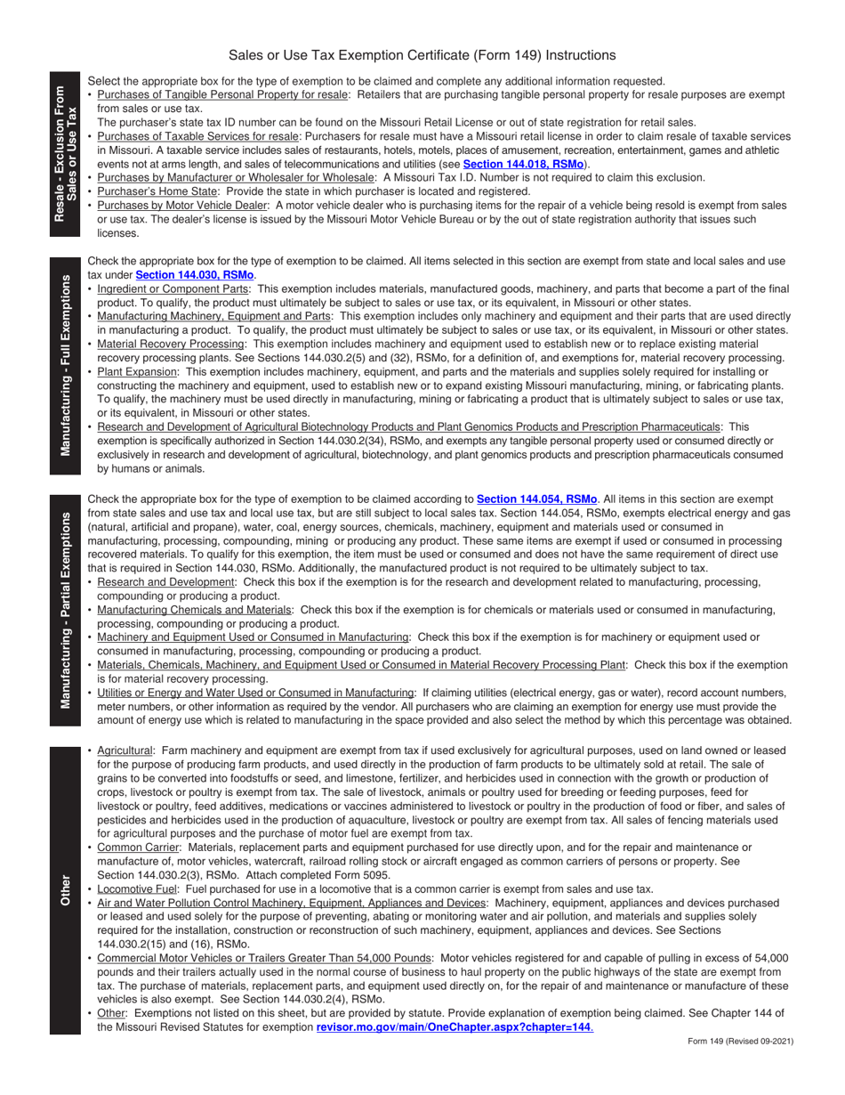 Form 149 Sales and Use Tax Exemption Certificate - Missouri, Page 2