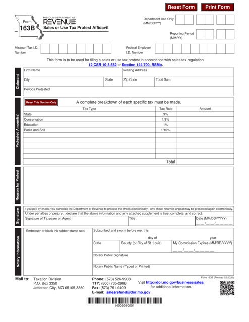 Form 163B Sales or Use Tax Protest Affidavit - Missouri