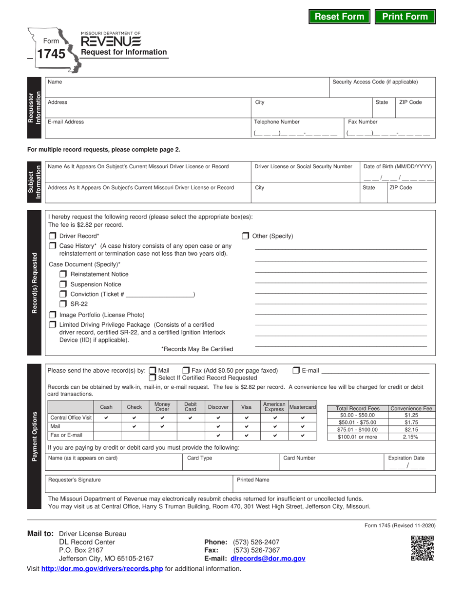 Form 1745 Request for Information - Missouri, Page 1