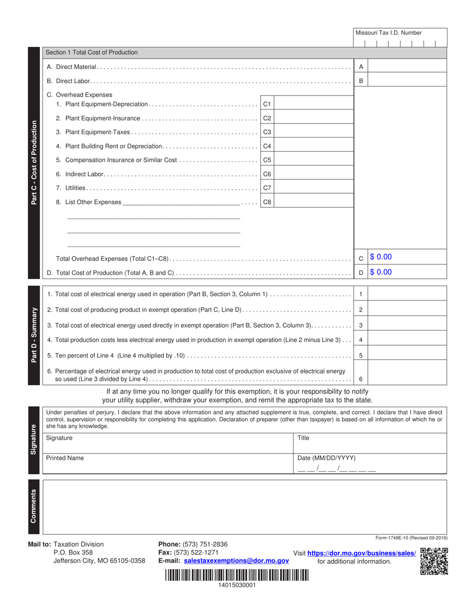 Form 1749 E-10 Application for 10 Percent Electrical Energy Exemption for Manufacturing - Missouri, Page 3