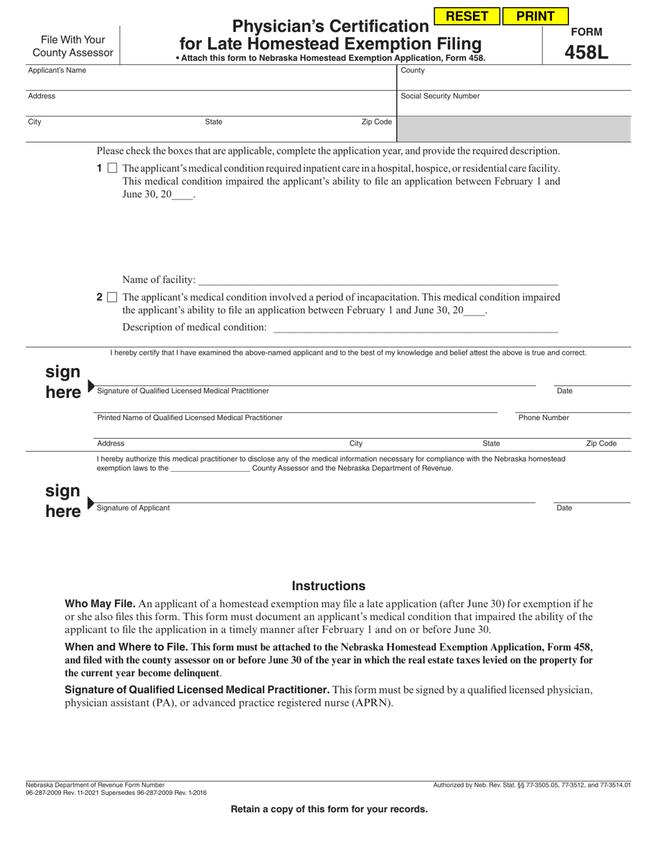 Form 458L Physicians Certification for Late Homestead Exemption Filing - Nebraska, Page 1