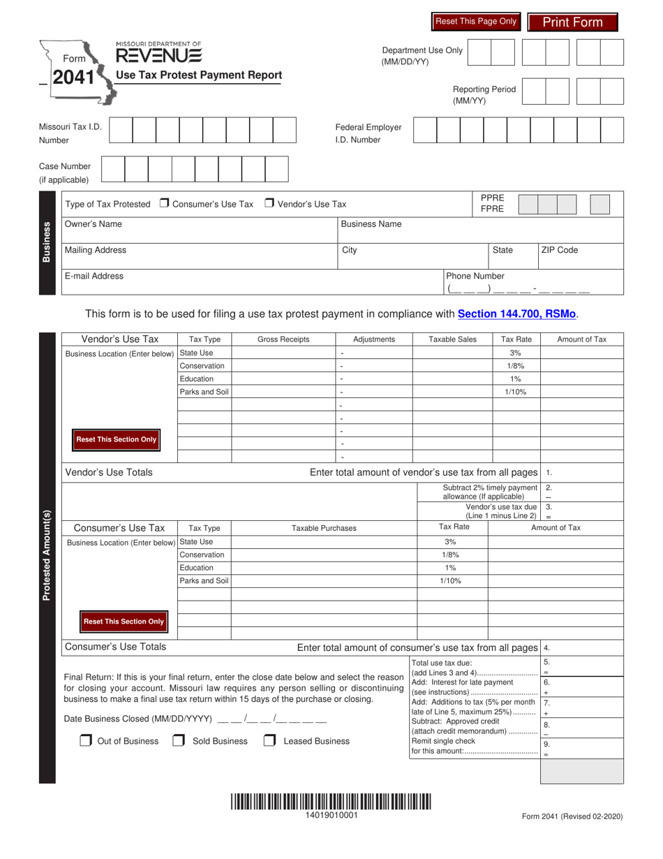 Form 2041 Use Tax Protest Payment Report - Missouri, Page 1