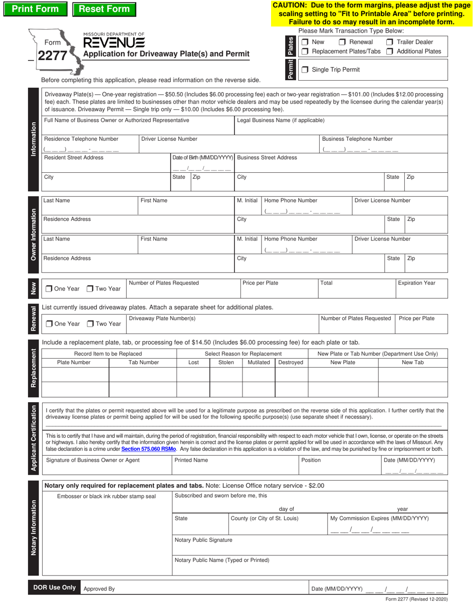 Form 2277 Application for Driveaway Plate(S) and Permit - Missouri, Page 1
