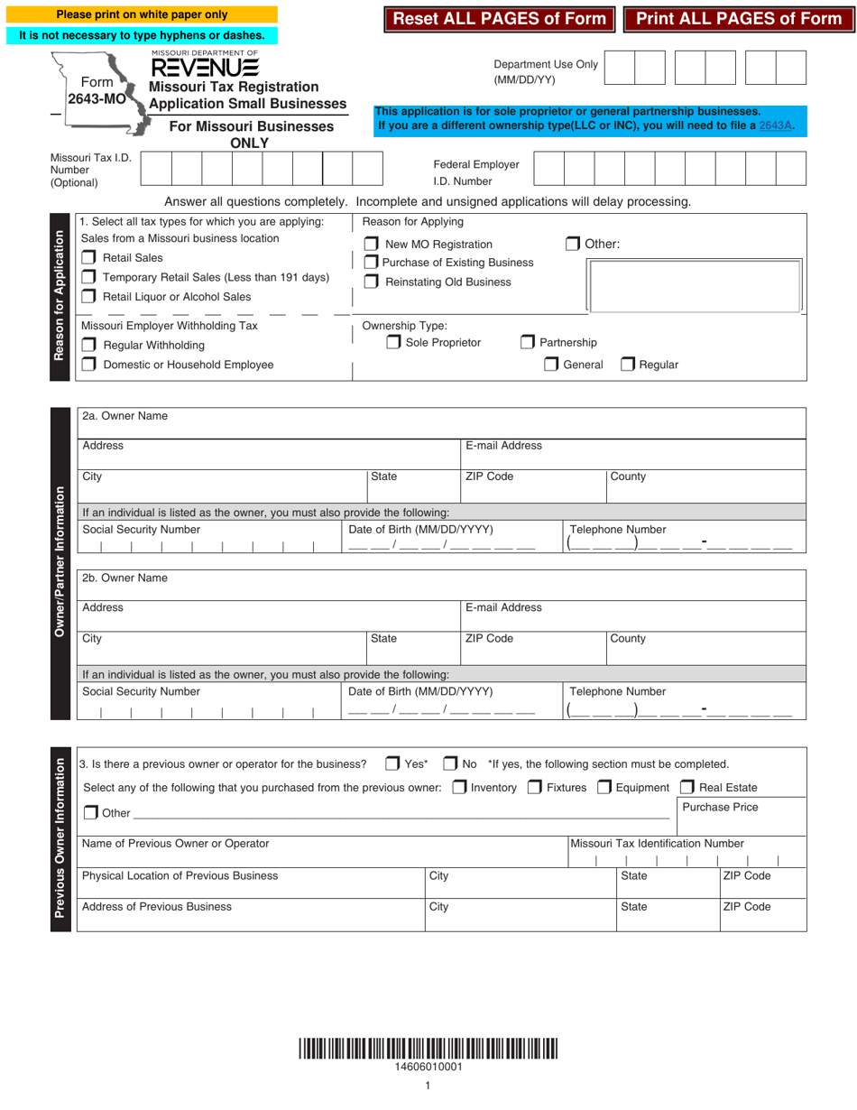 Form 2643-MO Missouri Tax Registration Application Small Businesses - Missouri, Page 2