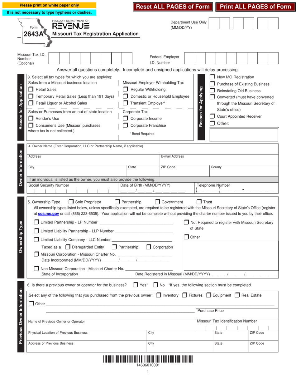 Form 2643A Missouri Tax Registration Application - Missouri, Page 1