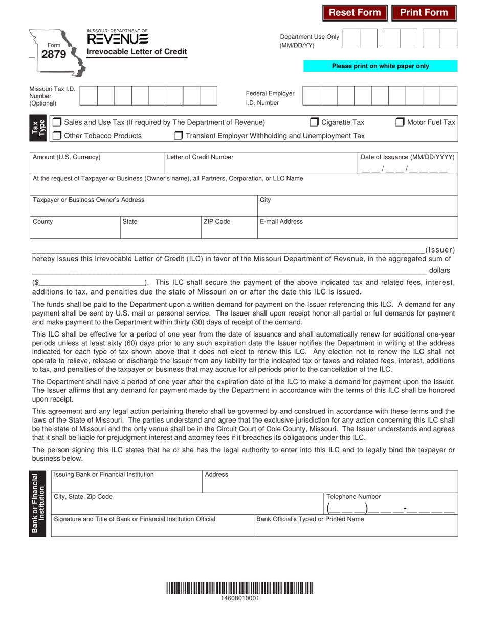 Form 2879 Irrevocable Letter of Credit - Missouri, Page 1