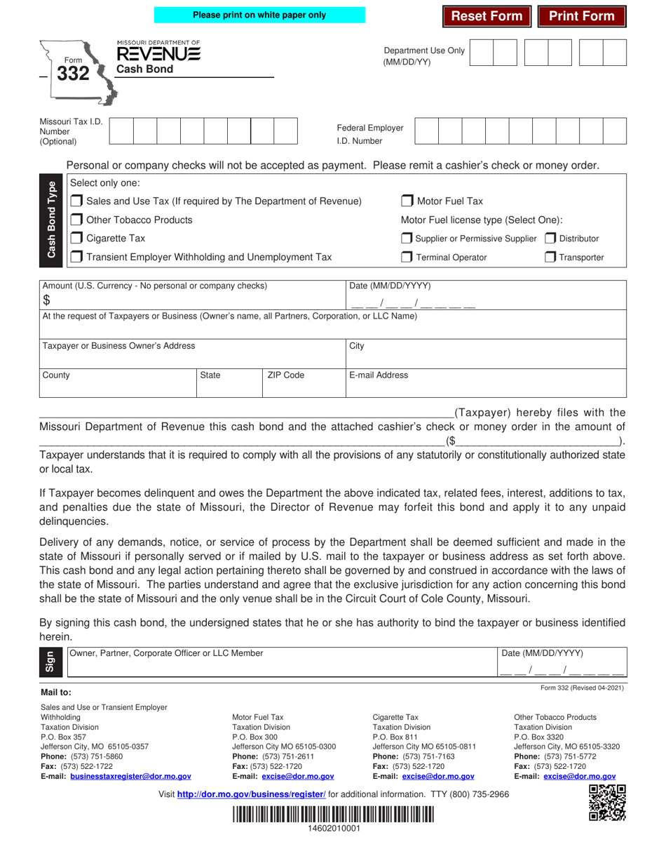 Form 332 Cash Bond - Missouri, Page 1