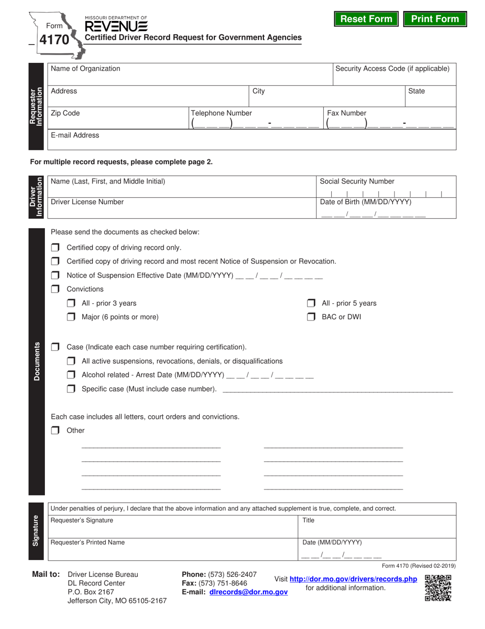 Form 4170 Certified Driver Record Request for Government Agencies - Missouri, Page 1