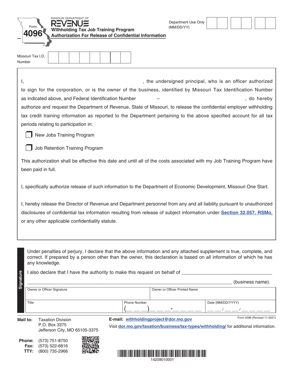 Form 4096 Withholding Tax Job Training Program Authorization for Release of Confidential Information - Missouri, Page 1