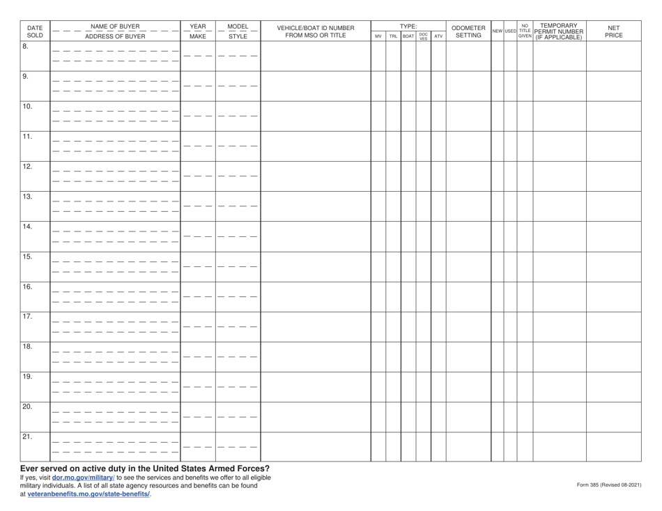 Form 385 Download Fillable PDF or Fill Online Dealer's Monthly Sales ...