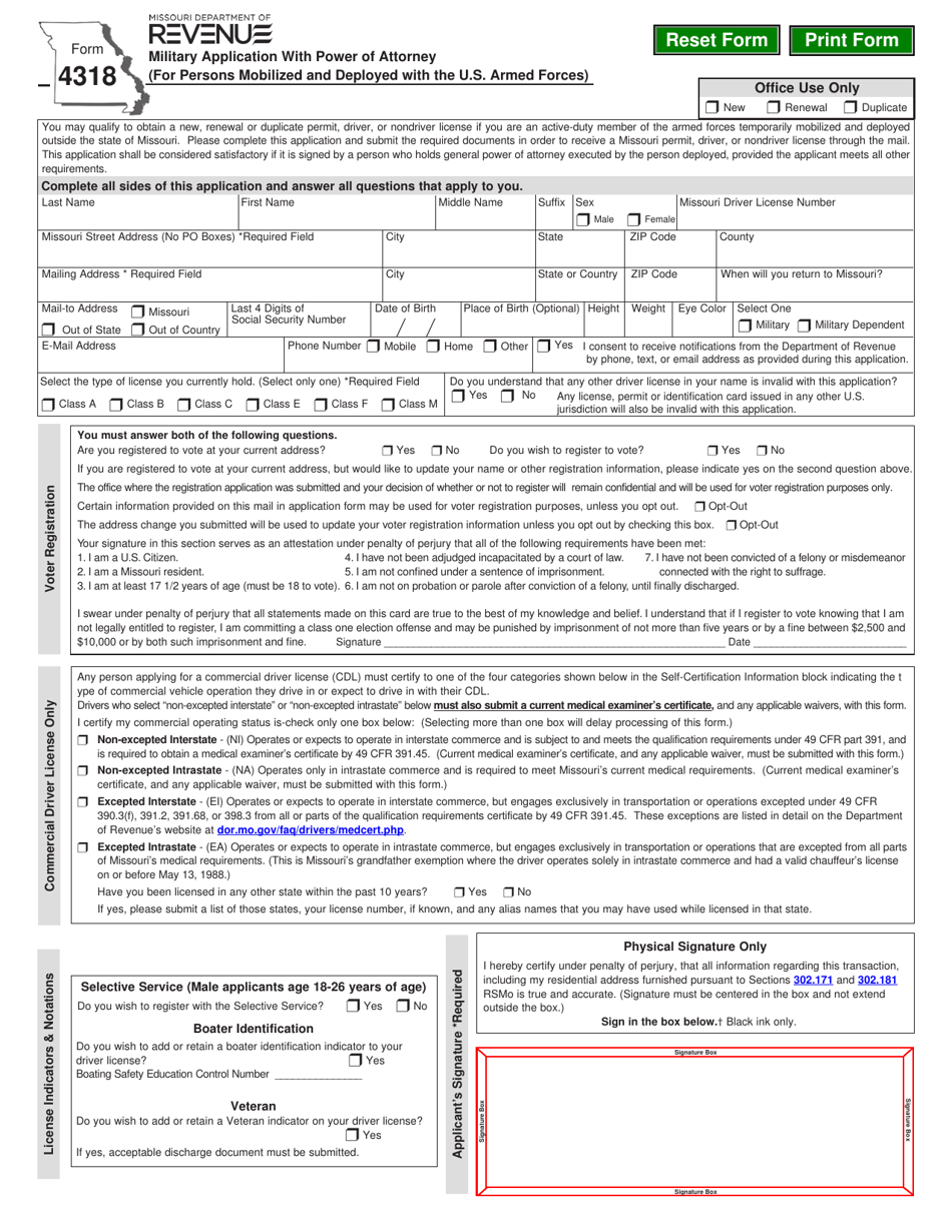 Form 4318 Military Application With Power of Attorney (For Persons Mobilized and Deployed With the U.S. Armed Forces) - Missouri, Page 1