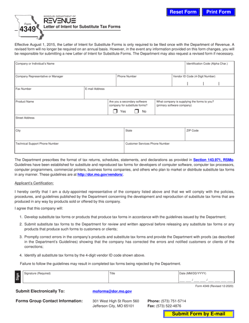 Form 4349 Letter of Intent for Substitute Tax Forms - Missouri