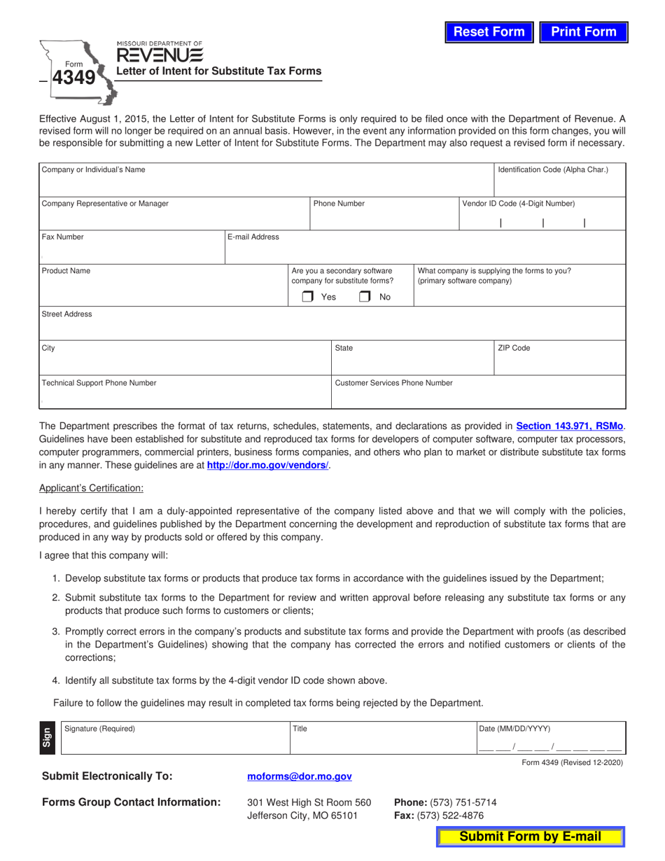 Form 4349 Letter of Intent for Substitute Tax Forms - Missouri, Page 1