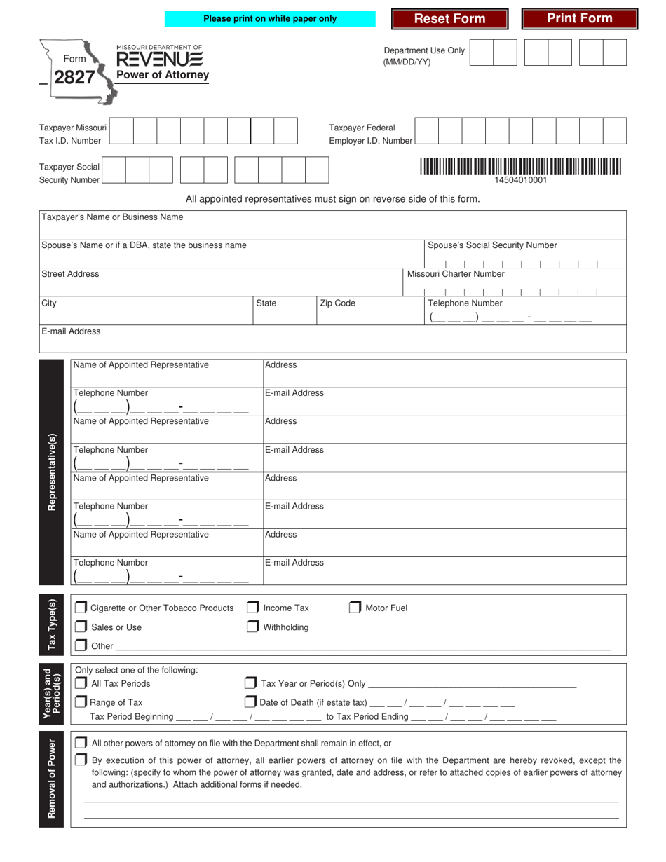 Form 2827 Power of Attorney - Missouri, Page 1