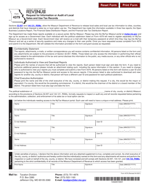 Form 4379 Request for Information or Audit of Local Sales and Use Tax Records - Missouri
