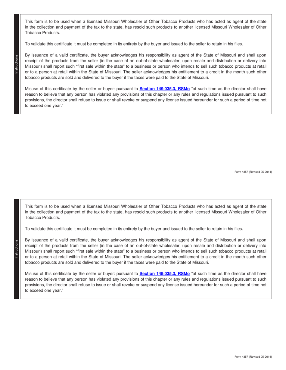 Form 4357 Other Tobacco Products Tax Exemption Certificate - Missouri, Page 2