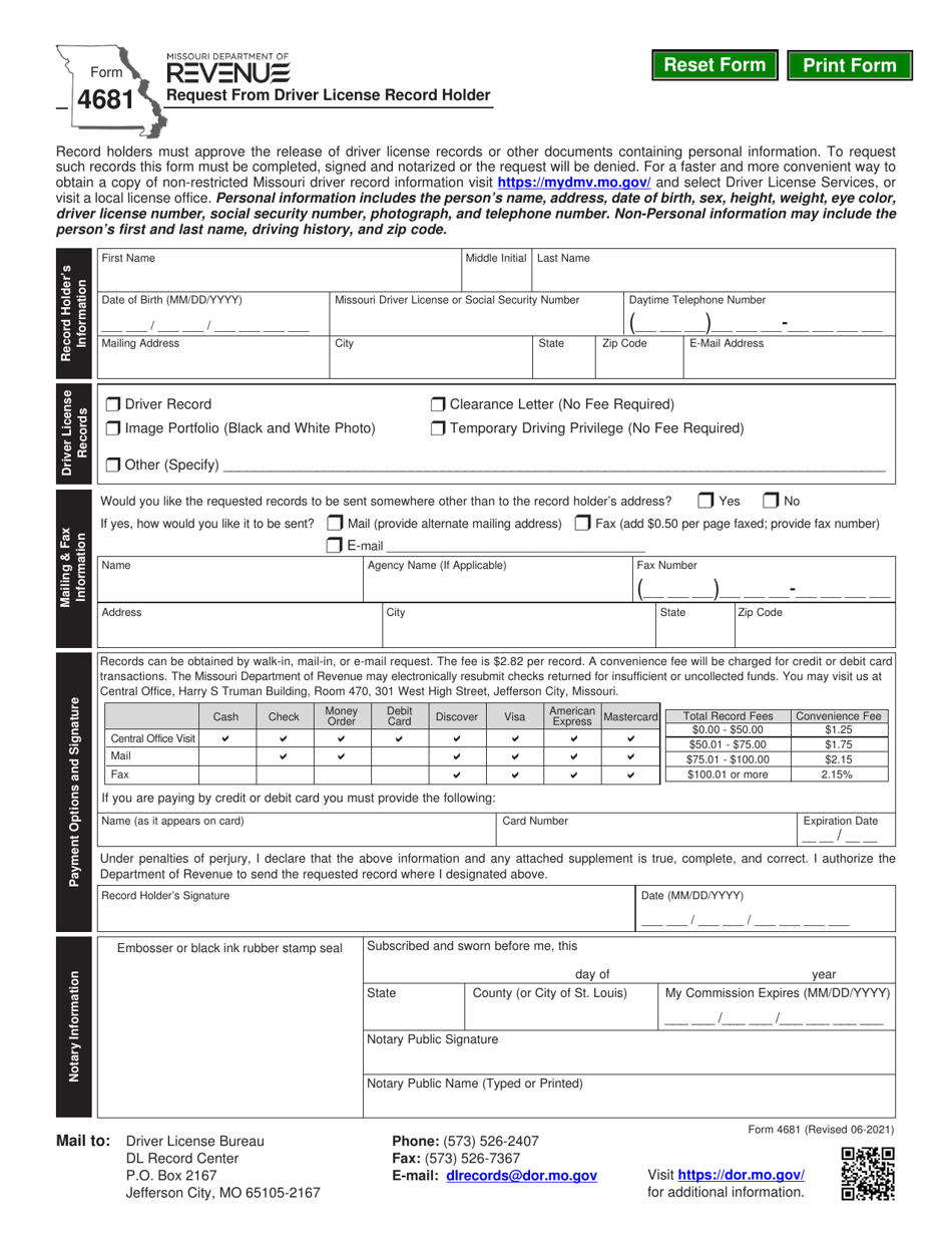 Form 4681 Request From Driver License Record Holder - Missouri, Page 1